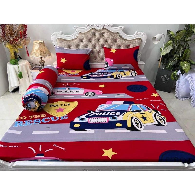 Bộ Drap thun Hàn Quốc mẫu xe POLICE hoạt hình