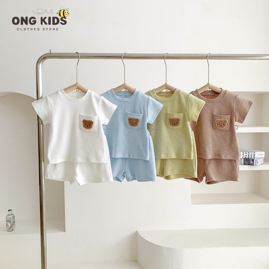 Set quần áo tăm lạnh cho bé trai bé gái, Quần áo trẻ em cộc tay thêu hình mặt gấu Hàn Quốc