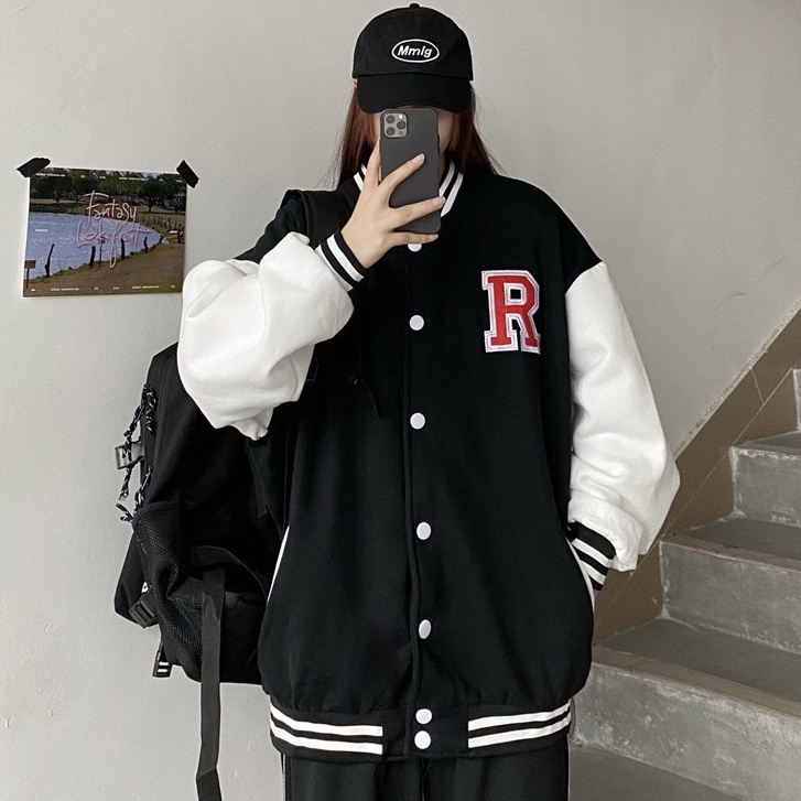 Áo khoác,bomber gió 2 lớp chữ R đỏ forrm rộng unisex nam nữ mặc đẹp