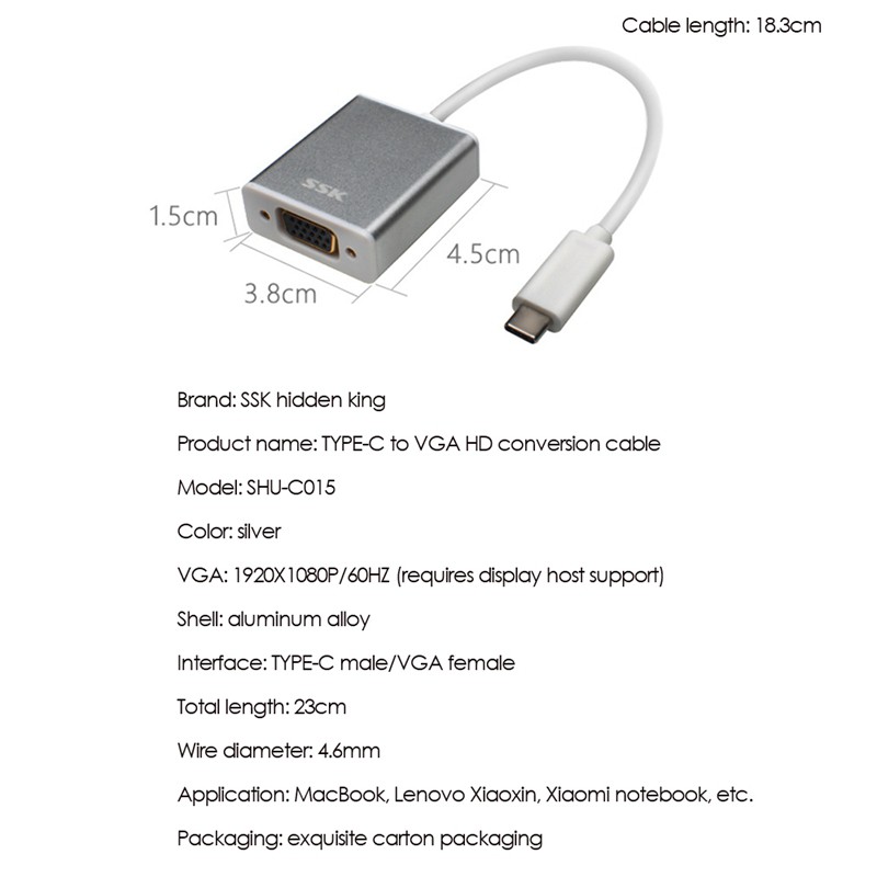 Cáp Chuyển Đổi Từ Cổng Type-C Sang Vga Cho Macbook, Lenovo Xiaoyi, Xiaomi Notebook