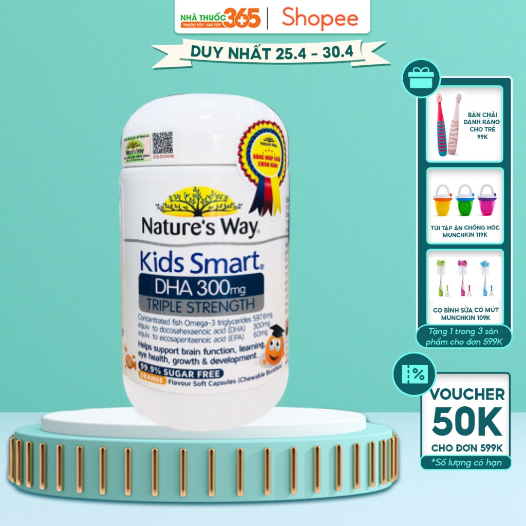 Viên Nhai Nature's Way Kids Smart DHA 300mg Triple Strength Tăng Cường Sự Phát Triển Của Trẻ 50 Viên