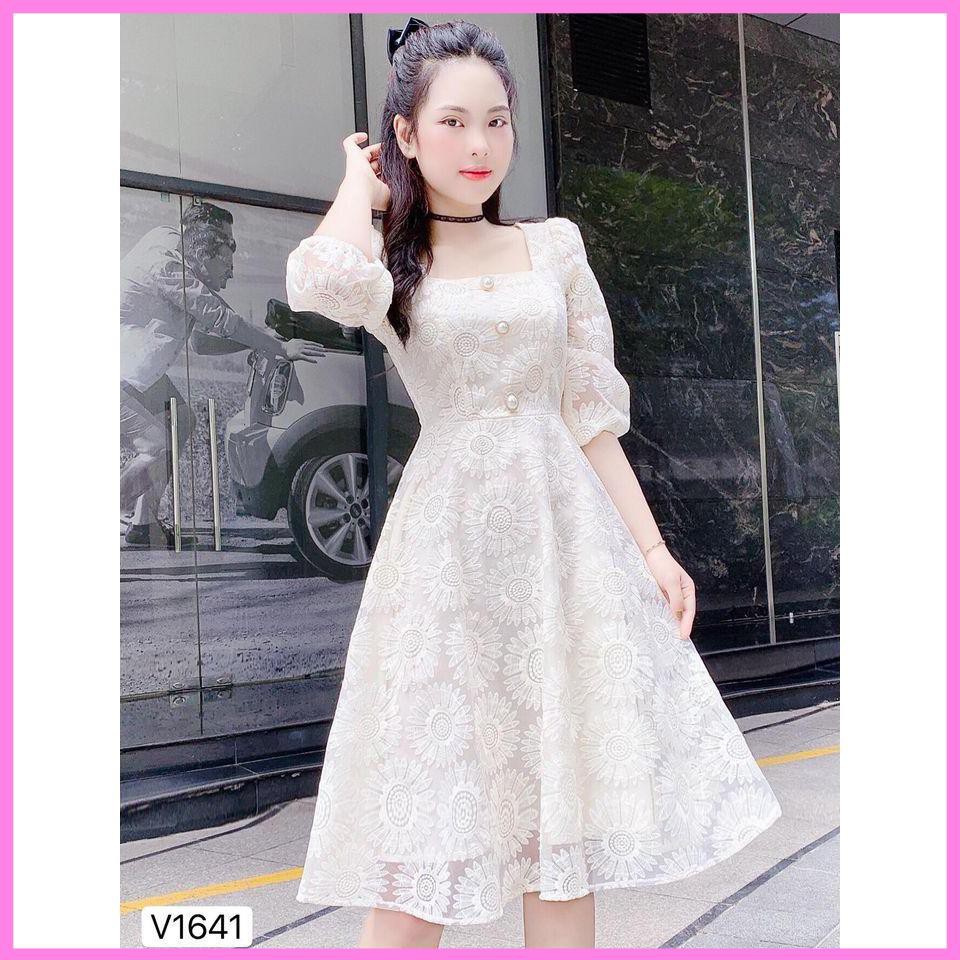 Đầm ren hoa cổ vuông tay lửng 3 nút cực xinh - Misa dress [ Váy trắng dự Tiệc ] | BigBuy360 - bigbuy360.vn
