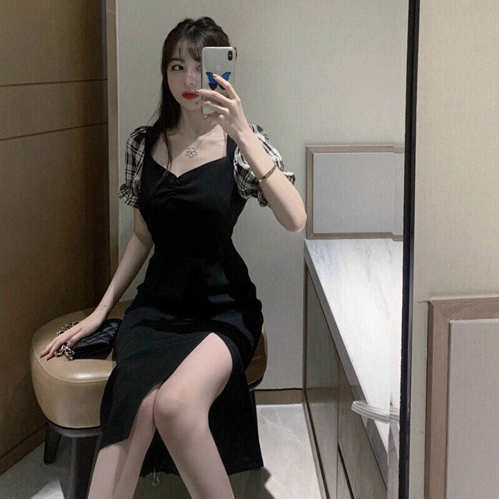 Váy đầm nữ đẹp xẻ tà Polla B041, Thiết kế kiểu đầm body sẻ tà gợi cảm, Cổ vuông kết hợp tay bồng cộc tay, Váy freesize | BigBuy360 - bigbuy360.vn