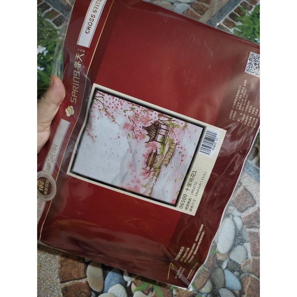 Tranh thêu chữ thập phong cảnh hoa anh đào 50*63cm chỉ lụa chỉ cotton