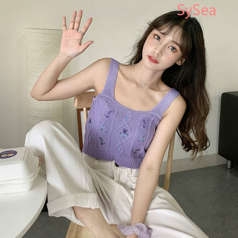 Áo Dệt Kim Hai Dây Thêu Họa Tiết Xinh Xắn Phong Cách Retro Cho Nữ