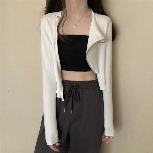 Áo Thun Croptop Kéo Khóa Tay Dài Màu Trơn Co Dãn Phong Cách Hàn Quốc