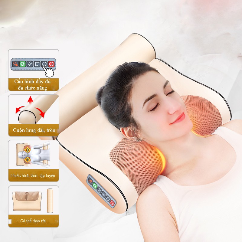 Gối massage Jinkairui 8 bi, hồng ngoại trị liệu cổ, vai ,gáy, cột sống lưng chất liệu da, vải chống thấm nước