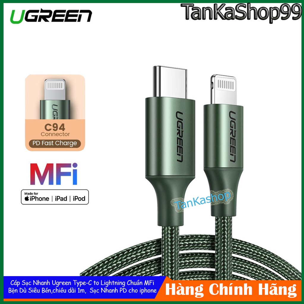 Cáp Sạc Nhanh Ugreen Type C to Lightning Dài 1m, Chuẩn MFi, Sạc nhanh PD cho iphone. Bện Dù Siêu Bền