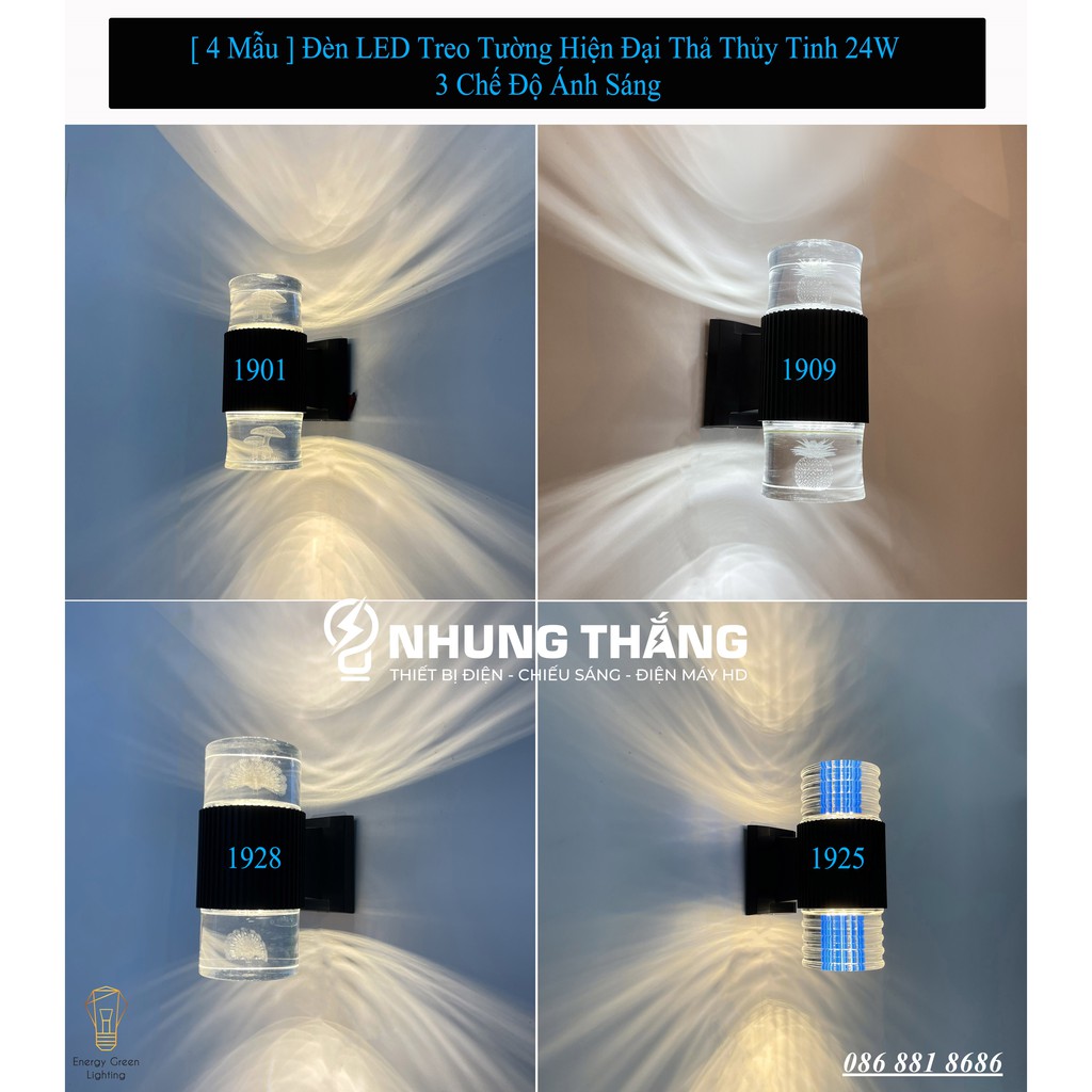 [ 4 Mẫu ] Đèn Led Treo Tường Hiện Đại Thả Thuỷ Tinh 24w Phong Cách Bắc Âu Vintage Thiên Nhiên DT - 3 Chế Độ Ánh Sáng