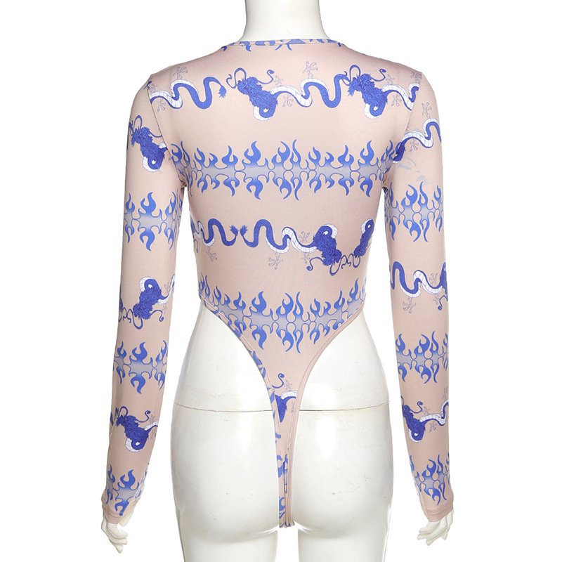 [Mã FAGREEN245 giảm 10% tối đa 30K đơn 99K] MODOU Women Ins Style Dragon Print Long sleeve Sexy Slim Bodysuit ns7L