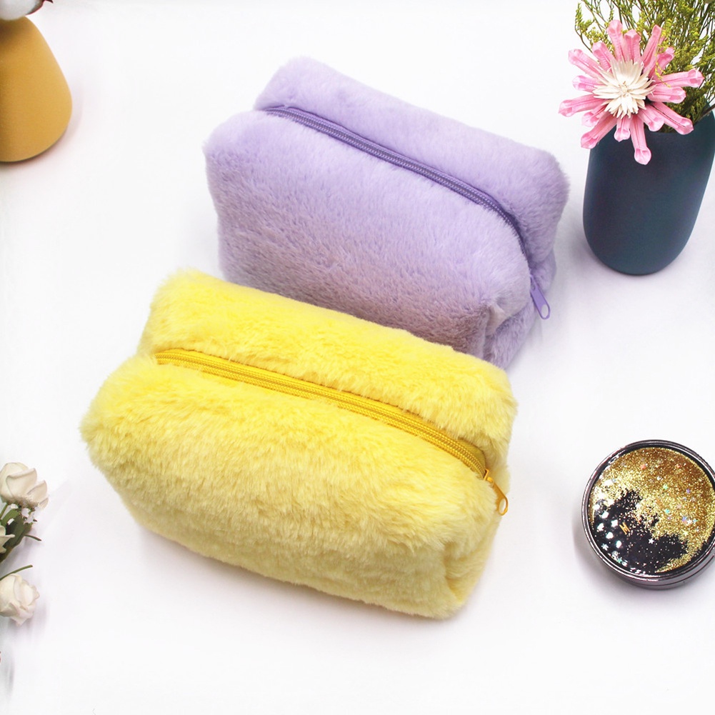 Túi Đựng Bút / Mỹ Phẩm Phủ Lông Màu Macaron Dễ Thương Nhỏ Gọn Tiện Dụng