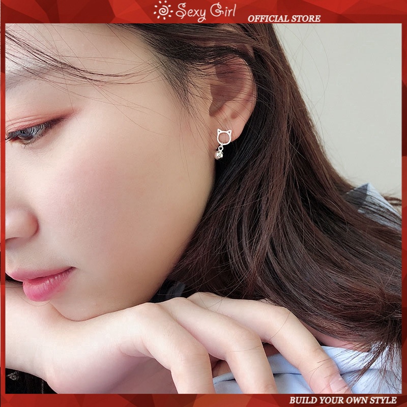 Khuyên Tai Bạc Hình Mèo Gắn Chuông Thời Trang Quyến Rũ Cho Nữ