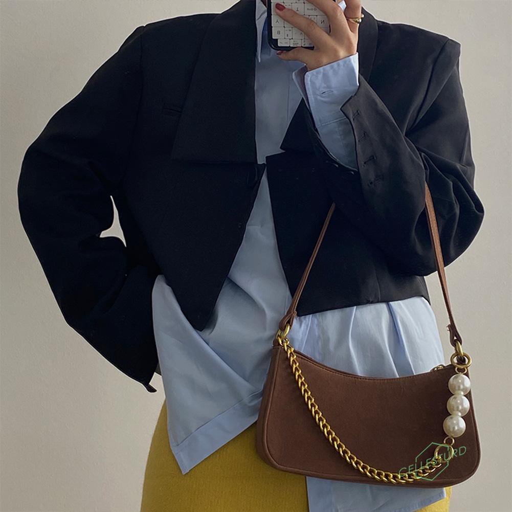 Túi đeo chéo vải nhung dây phối chuỗi hạt ngọc trai phong cách retro Pháp cho nữ