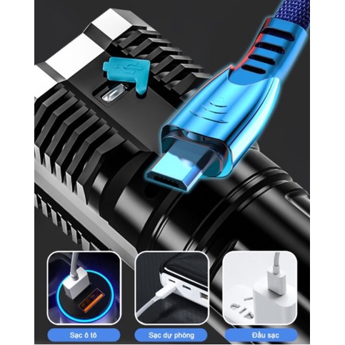 Đèn Pin Cầm Tay Chiếu Xa Siêu Sáng 4 Bóng 4 Chế Độ, Sạc USB Tiện Dụng Mang Theo Du Lịch