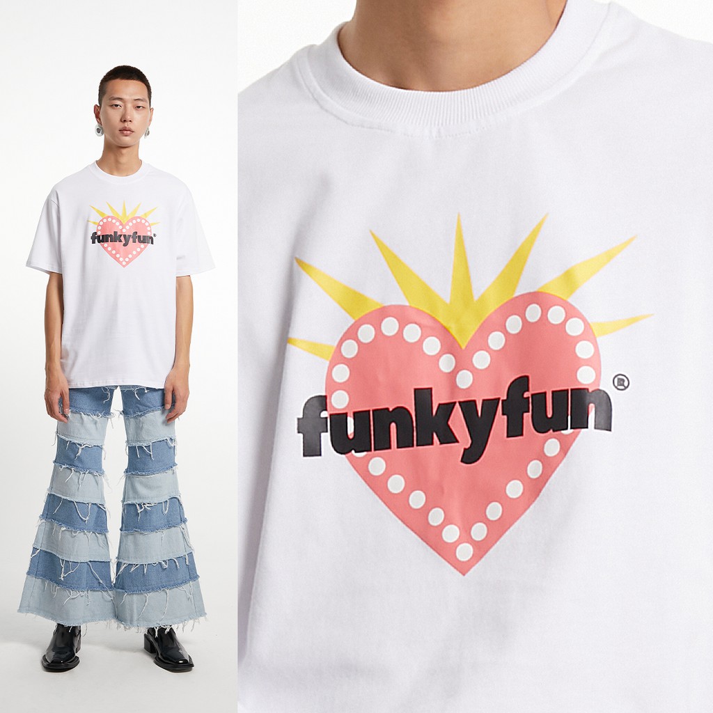 Áo thun trái tim logo FunkyFun form rộng tay lỡ 100% cotton