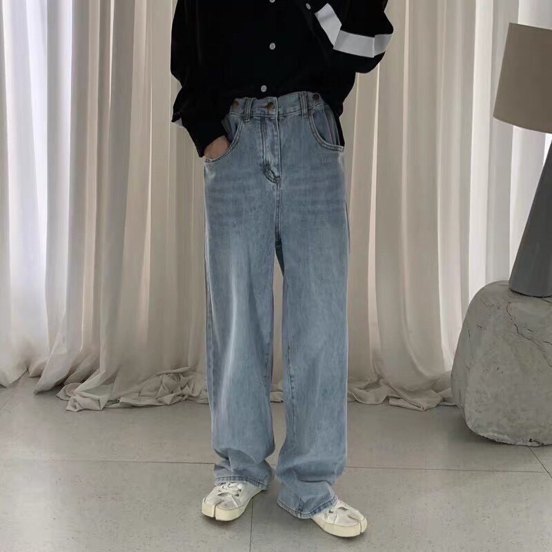 Quần jeans nam nữ ống suông xanh trơn phong cách Hàn Quốc