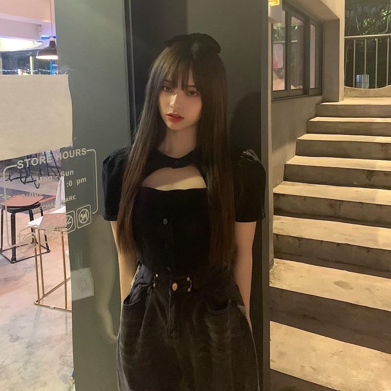 Áo Croptop Màu Đen Dáng Ôm Phong Cách Retro Thời Trang Mùa Hè