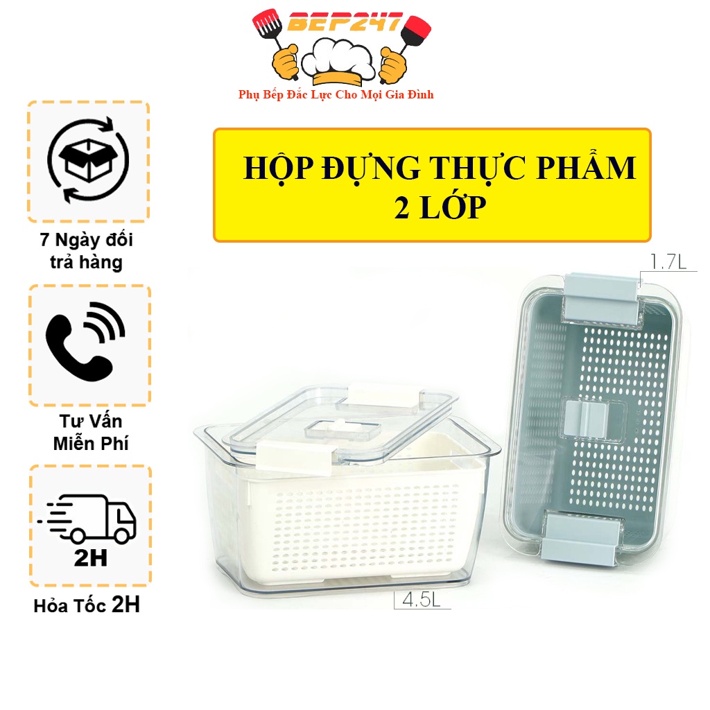 Hộp Đựng Thực Phẩm Tủ Lạnh 2 Lớp Có Lỗ Thoát Nước, Thoát Khí, Dễ Dàng Bảo Quản Rau Củ