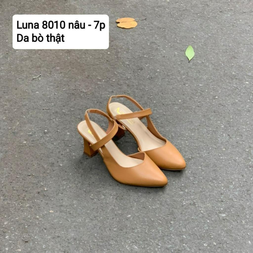 Giày cao gót nữ 7p có quai hở gót LUNASHOES 8010 da bò thật mũi nhọn êm chân đế chống trơn không phát ra tiếng