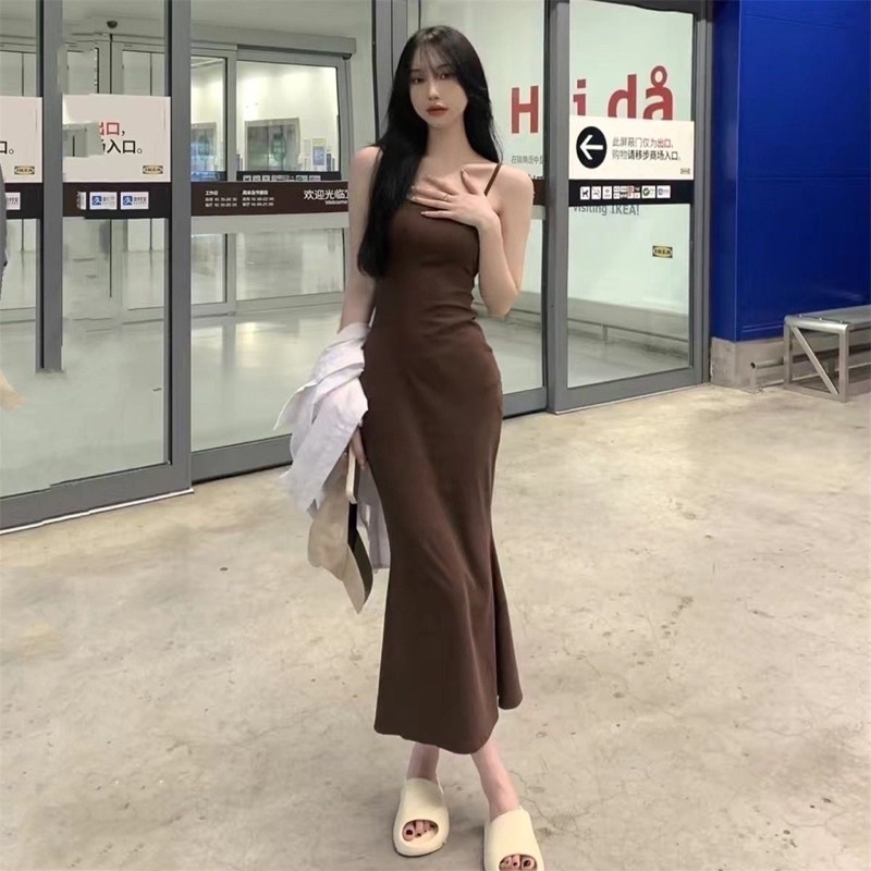 Đầm thun body co giãn 2 dây đuôi cá form dài