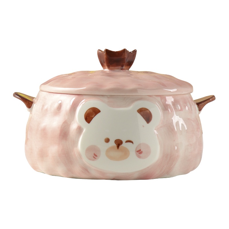 Bát Ăn Mì Có Nắp Đậy Bằng Sứ Hình Gấu Trắng Dễ Thương Dùng Được Trong Lò Vi Sóng