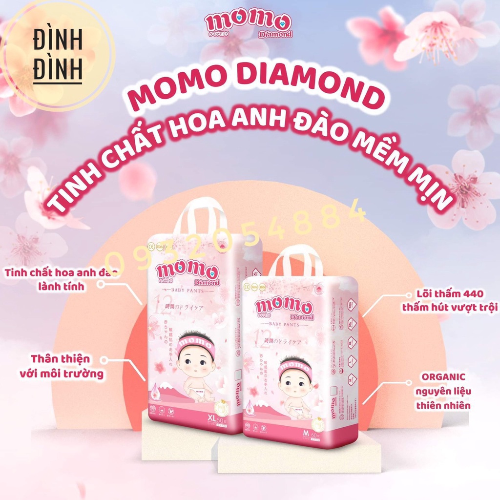 Bỉm Momo Diamond Organic dán/quần S64/M62/M60/L54/XL50/XXL48/XXXL46