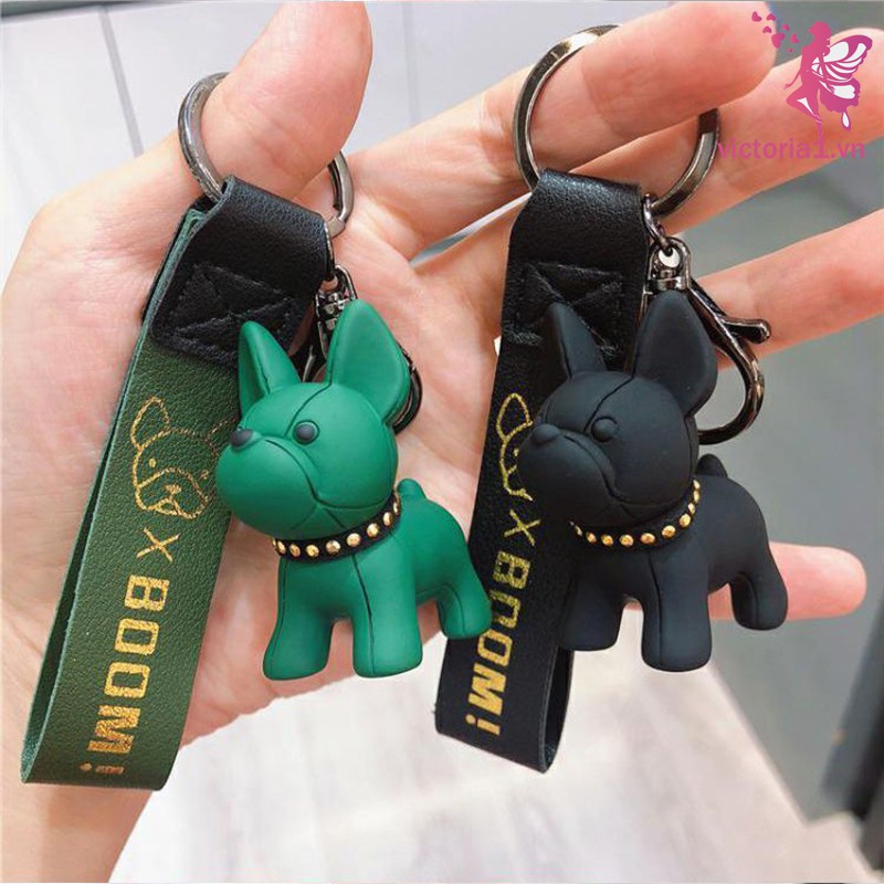 French Bulldog Keychain Fashion Punk Pu Leather Strap Dog Keychains for Women Bag Pendant Jewelry Trinket Men's Car Key