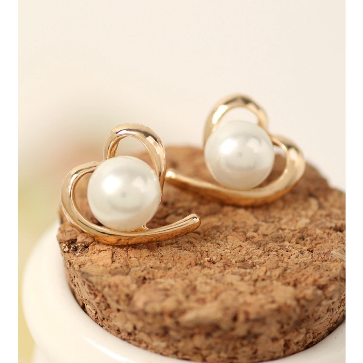 Khuyên tai hình trái tim đính ngọc trai nhân tạo phong cách Hàn Quốc cho nữ