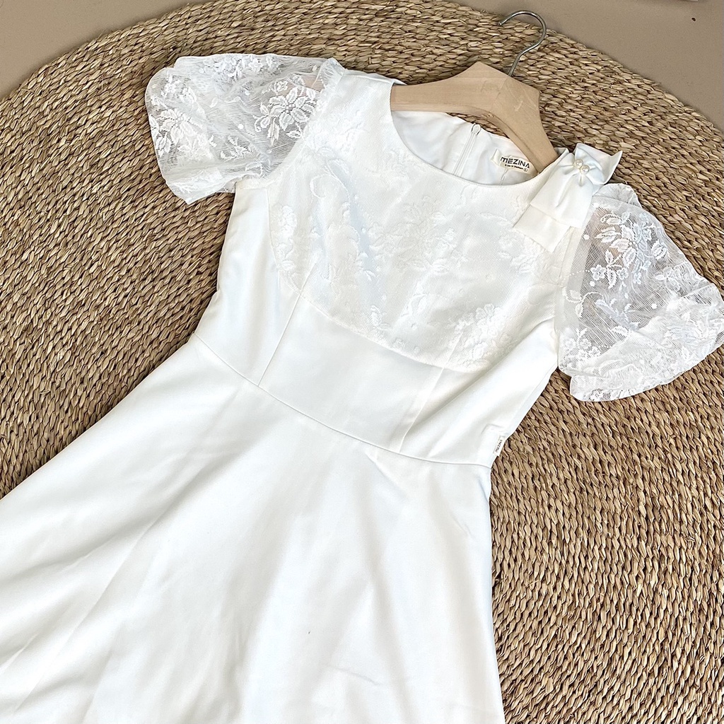 Váy Trắng Nữ Dáng Xòe Phối Tay Ren LeeZa Mã TKV1165