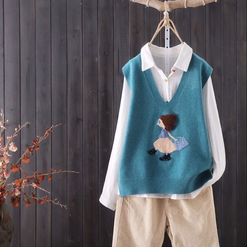 Áo dệt kim sát nách cổ V thêu họa tiết xinh xắn kiểu Hàn Quốc thời trang độc đáo cho nữ