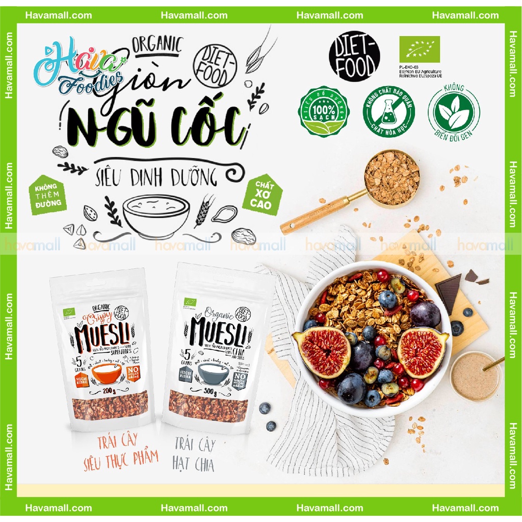 [HÀNG CHÍNH HÃNG] Ngũ Cốc Giòn Muesli Trái Cây Hạt Chia Hữu Cơ Diet Food 300gr