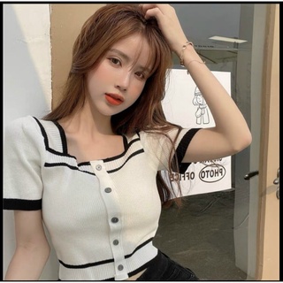 Áo len ngắn tay croptop cổ vuông thuỷ thủ phong cách trẻ trung kiểu ulzzang
