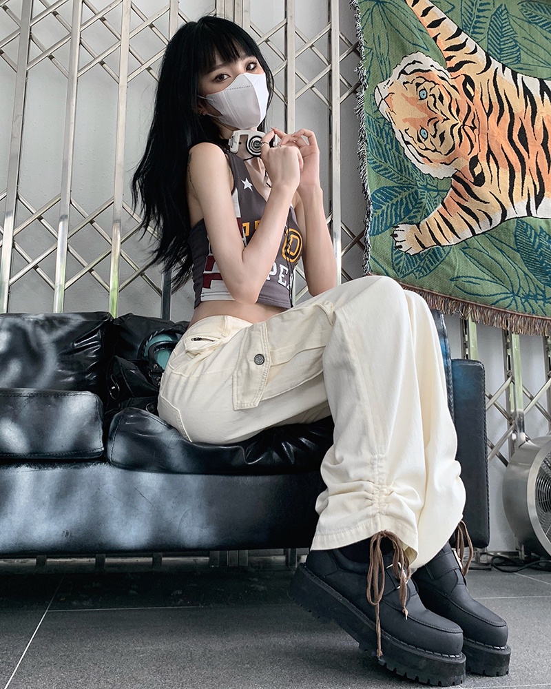 Quần jean Peppermint 52741 lưng cao ống suông phối nhiều túi phong cách thời trang retro Mỹ