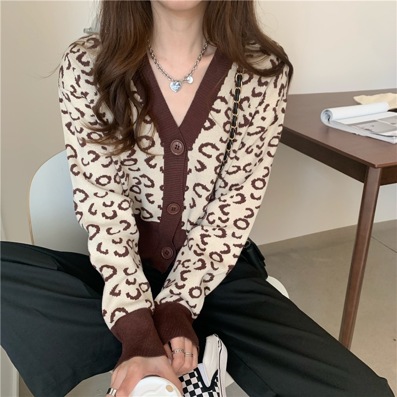 Áo Khoác Cardigan Dệt Kim Cổ Chữ V Hoạ Tiết Da Báo Thời Trang Mùa Đông