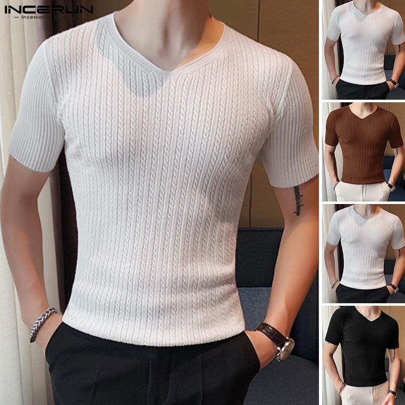 Áo thun INCERUN ngắn tay cổ chữ V màu trơn 3 màu sắc lựa chọn thời trang cho nam