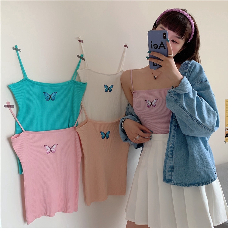 SUXI Áo hai dây dệt kim mùa hè họa tiết bướm thêu nhiều màu sắc tùy chọn