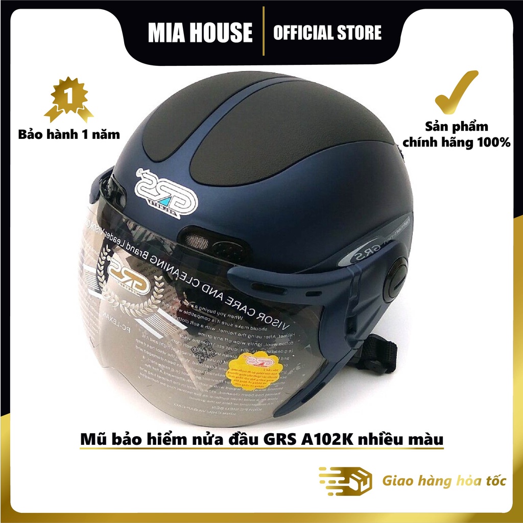 Mũ bảo hiểm chính hãng GRS A102K - Mũ bảo hiểm nửa đầu có kính thời trang dành cho chị em phụ nữ hoặc nam giới đầu nhỏ