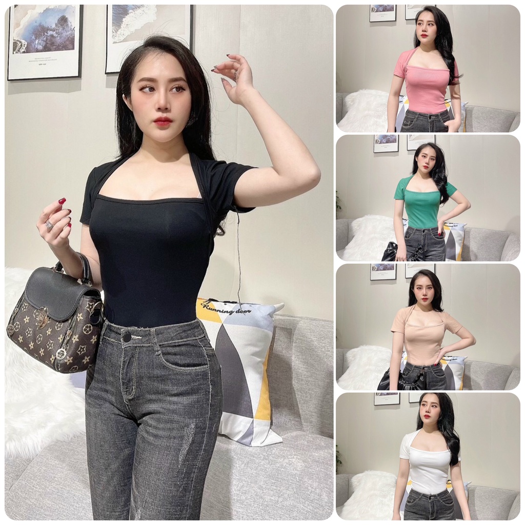 Áo thun nữ ôm body kiểu cổ vuông tay ngắn chất cotton mềm mại phong cách