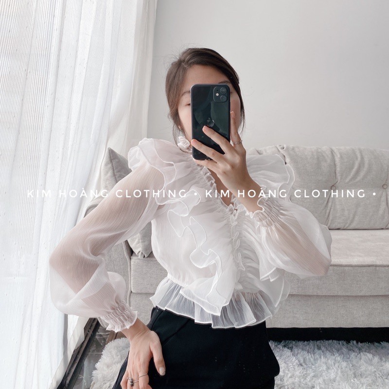 Áo sơ mi tiểu thư nữ croptop bèo nhún kiểu trễ vai tay bồng bánh bèo | BigBuy360 - bigbuy360.vn