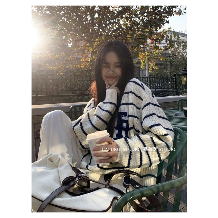 Áo sweater len LANIESTORE form rộng oversize dài tay dày dặn cá tính màu trăng kẻ đen ngang