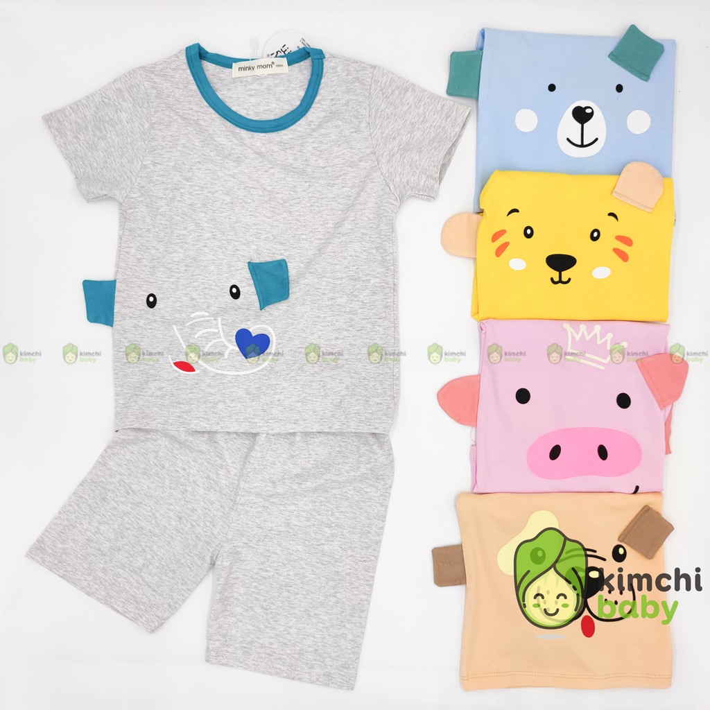 Đồ Bộ Bé Trai, Bé Gái Minky Mom Chất Cotton 100% Họa Tiết Động Vật 3D Dễ Thương, Bộ Cộc Tay Cho Bé Mặc Nhà MKM2107