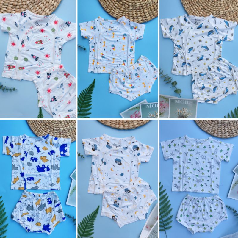 Bộ ngắn tay nút cài lệch sơ sinh thun lạnh Bé Xíu Bexiu quần chip mặc tã cho bé trai bé gái từ 3-10kg