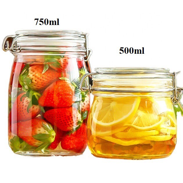 HŨ, LỌ THỦY TINH NẮP CÀI 750ML ĐỰNG SẤU NGÂM, TRÀ ĐÀO, NGŨ CỐC (HŨ QUAI KẸP)