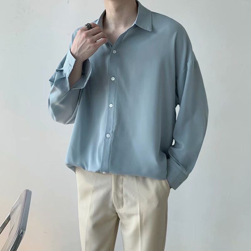 Áo Sơ Mi Trơn Tay Dài Dáng Rộng Thoáng Khí Phong Cách Hàn Quốc Thời Trang Cho Nam