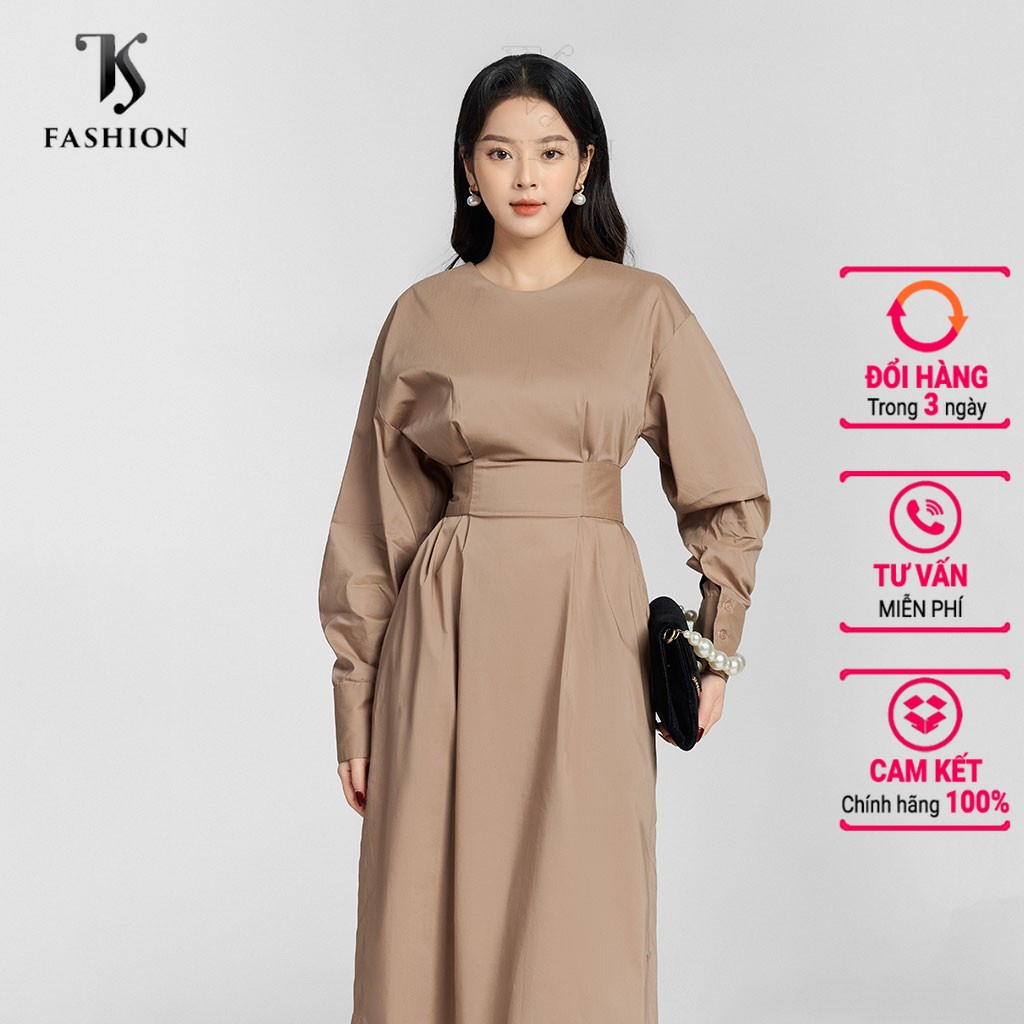 Váy đầm nữ xếp ly tà, đai eo sau lưng, cổ tròn, tay dài hàng thiết kế cao cấp TK Fashion - DK B47
