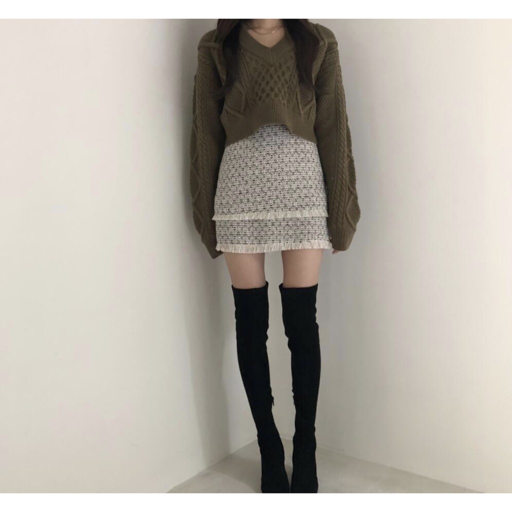 [ORDER] Set áo len đan buộc dây + chân váy dạ tweed Ulzzang (có ảnh thật)