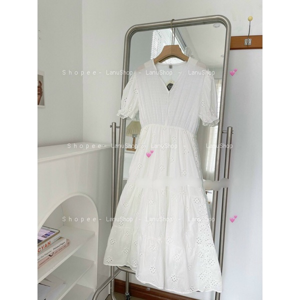 Váy thô thêu hoa dáng dài tay cộc cổ v Váy xoè xinh xắn