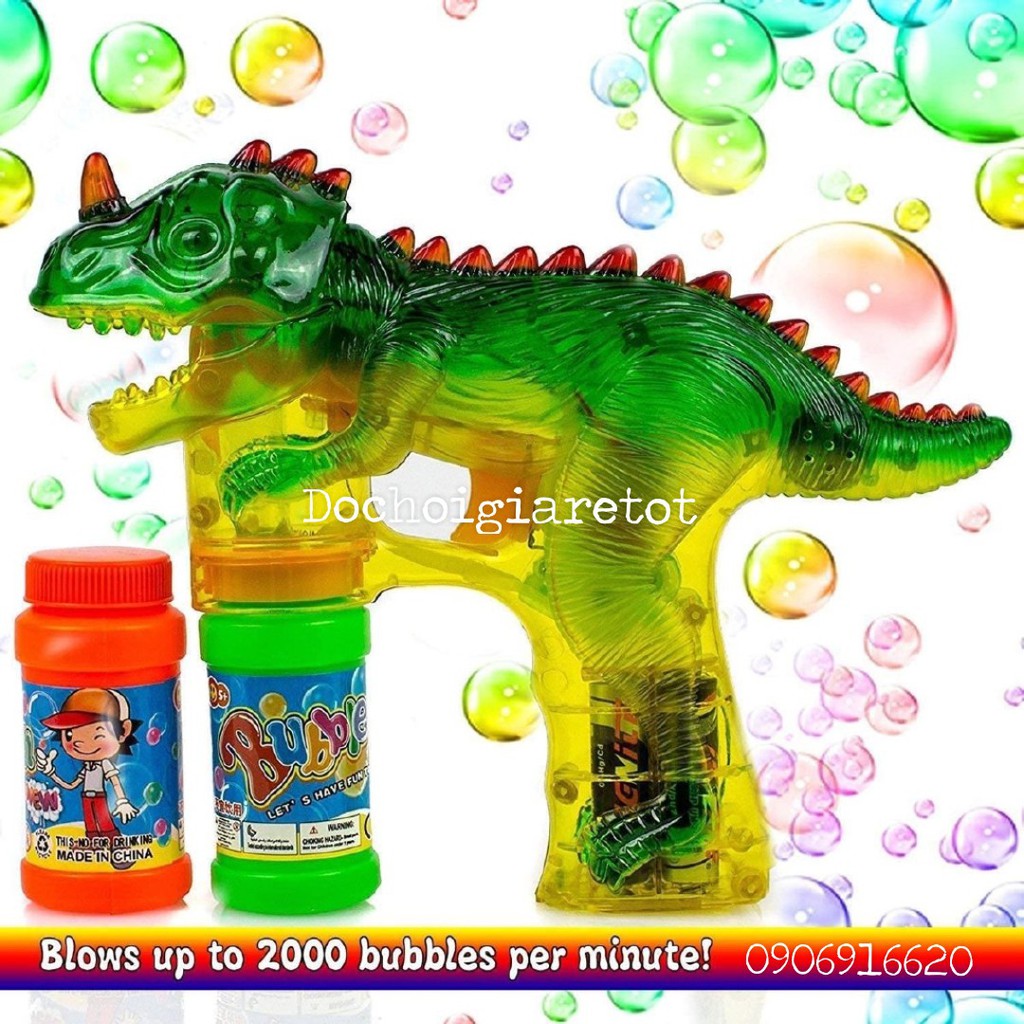 Súng Bắn Bong Bóng Hình Khủng Long Trong Suốt Có Đèn Nhạc Cho Bé Tặng Kèm Pin