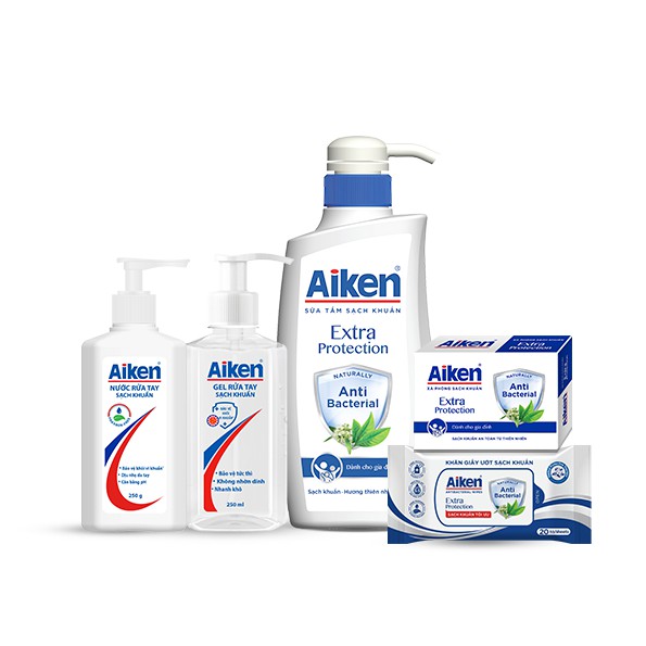 Aiken Trọn bộ Sạch Khuẩn Chiết xuất Trà Xanh: Gel rửa tay + Nước rửa tay  + Sữa tắm + Xà phòng  + Khăn ướt