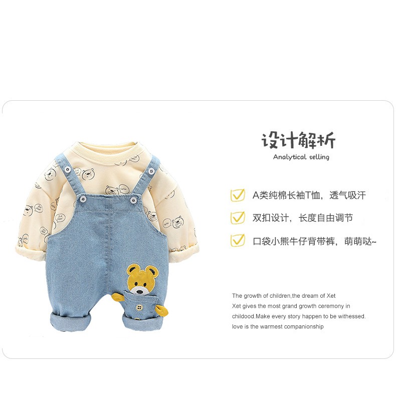 [275:K28] Set yếm jean túi gấu + áo dài tay họa tiết gấu con hàng Quảng Châu cao cấp cho bé